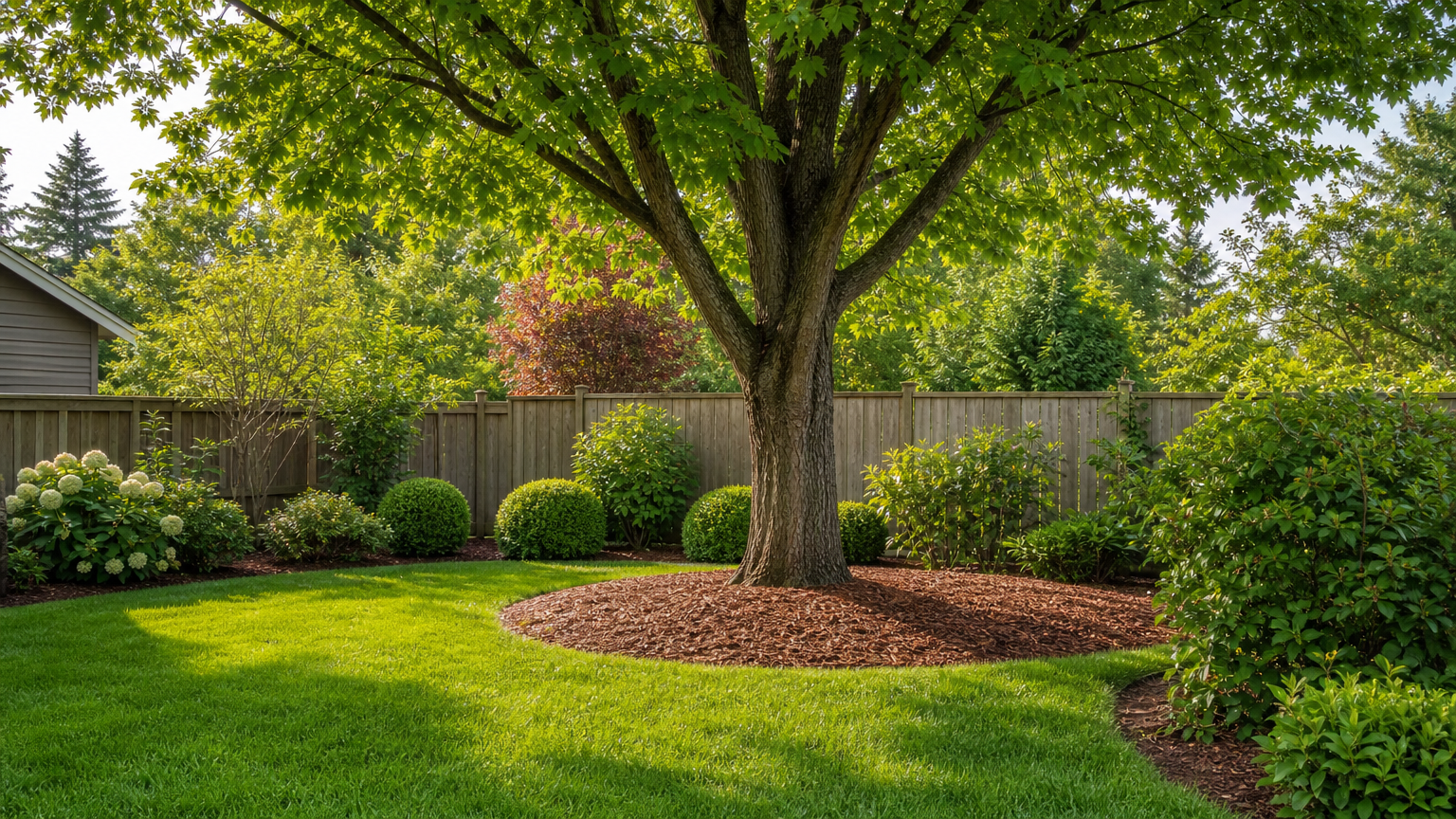 Neatly landscaped backyard with fresh wood chip mulch, trimmed bushes, and a healthy tree after professional brush chipping service