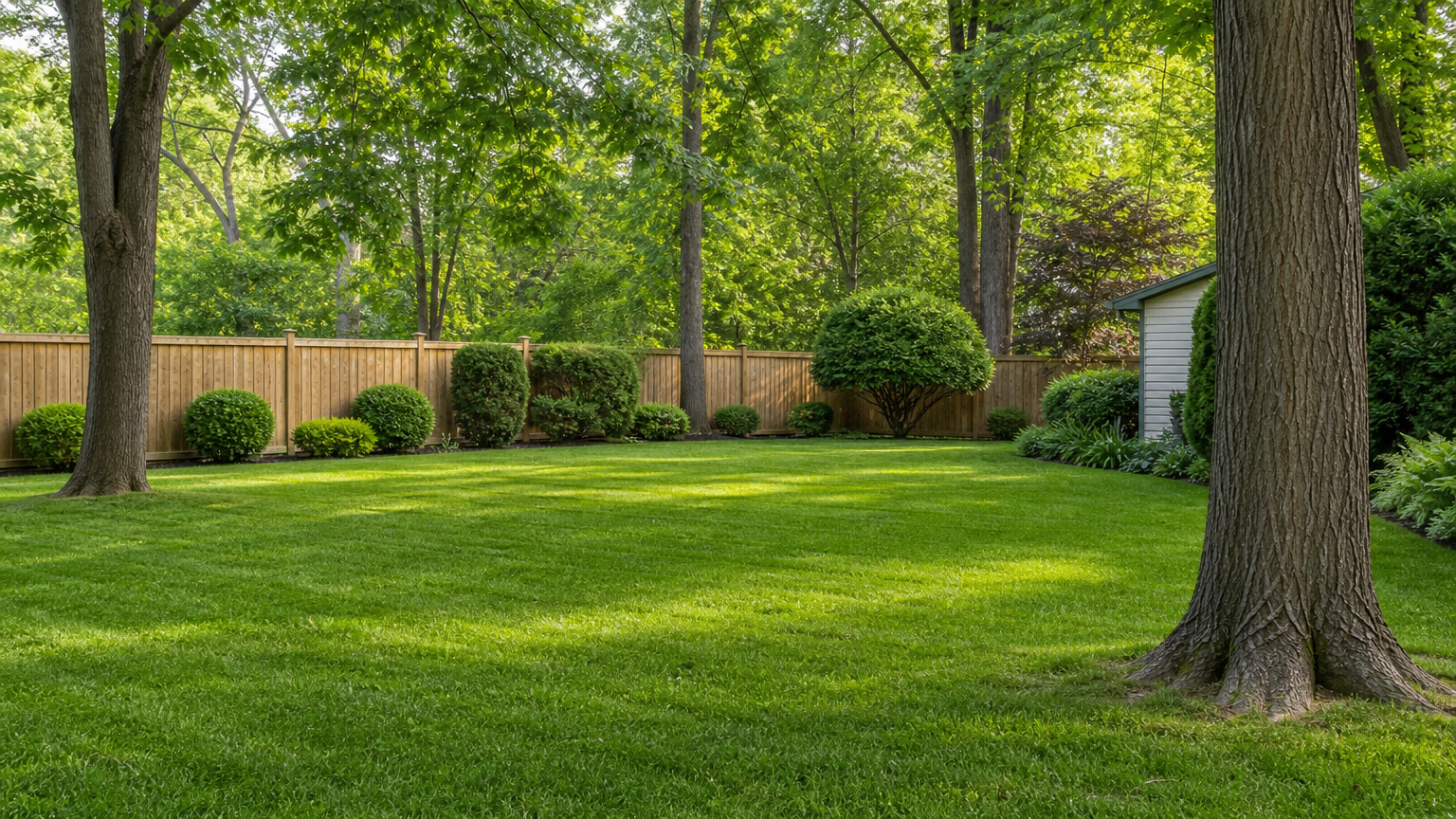 Clean residential yard after professional debris removal service with all branches and wood cleared, showing tidy lawn and trees