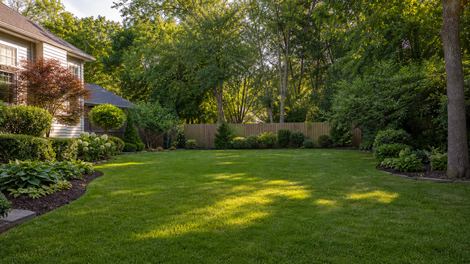 clean residential yard with green grass and landscaping following emergency tree service, no people