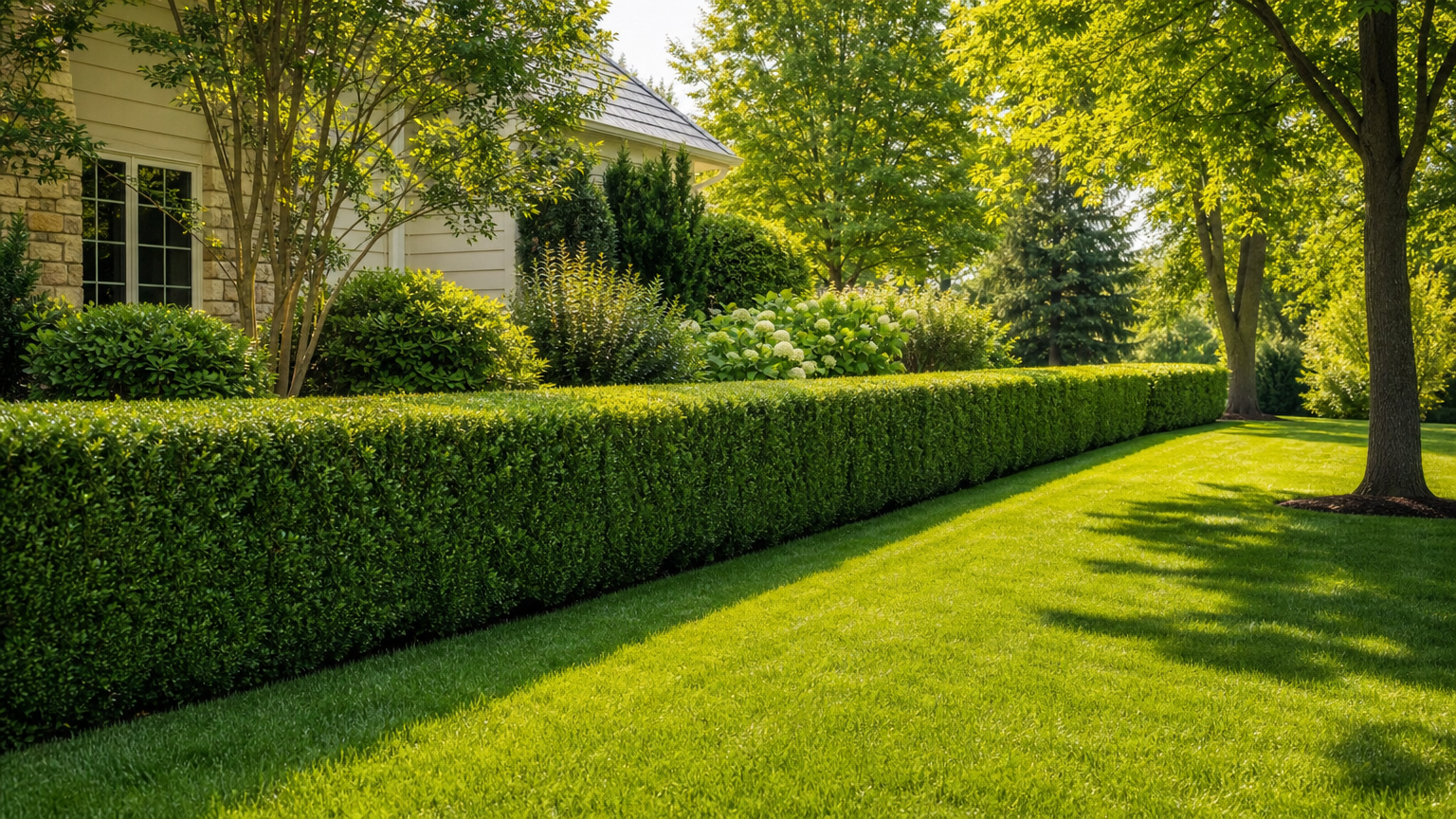 freshly trimmed hedge with even lines in a residential yard, showcasing precise hedge trimming service and vibrant landscape