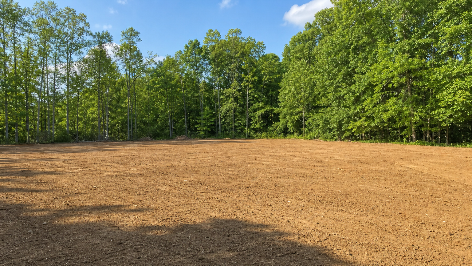 Freshly cleared land with clean, open soil and mature trees in the background, showing the results of professional land clearing service