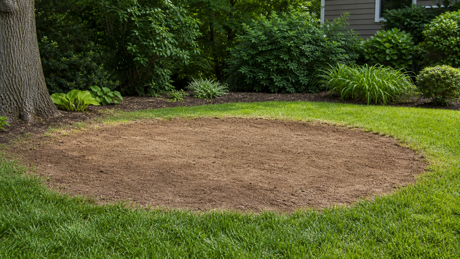 Landscaped yard with a cleanly finished area where a tree stump was professionally removed, showcasing smooth ground and vibrant grass