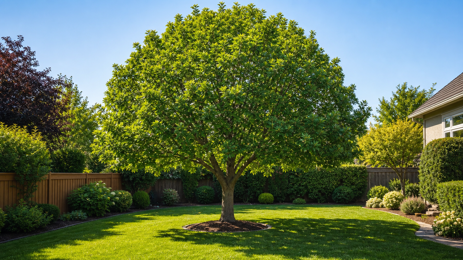 Backyard with a pruned mature tree, neatly trimmed branches, and lush grass under clear daylight