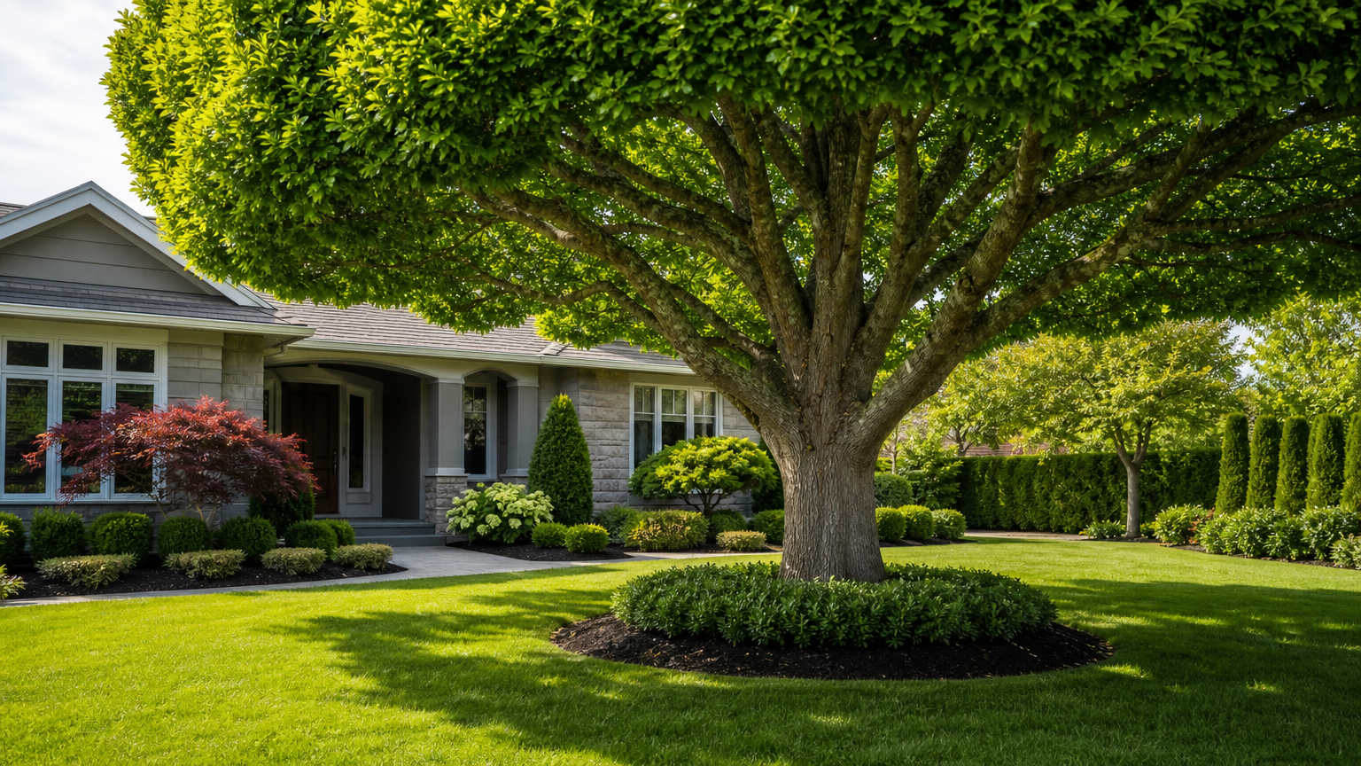 Freshly trimmed tree with shaped canopy in a vibrant front yard, showcasing professional tree service results